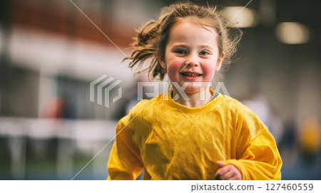 Young Girl Smiles While Running in Indoor Sports Facility During Practice Session. 127460559