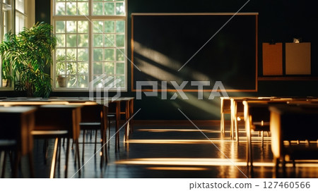 Natural Light Fills a Vintage Classroom Highlighting Wooden Desks and a Chalkboard. 127460566