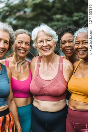Group of Happy Older Women Enjoying Fitness Activity Outdoors During Sunny Day in Park 127460586