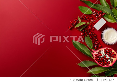 Pomegranate Fruit and Skincare Cream on a Red Background With Green Leaves Displayed Attractively 127460587