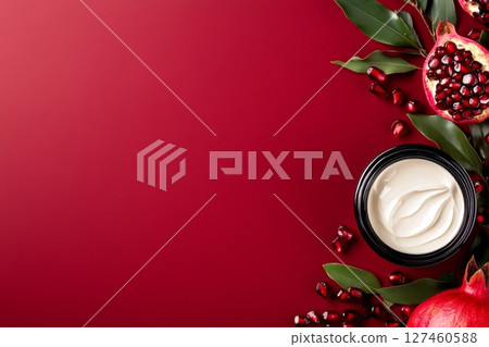 Pomegranate Fruit and Skincare Cream on a Red Background With Green Leaves Displayed Attractively. 127460588