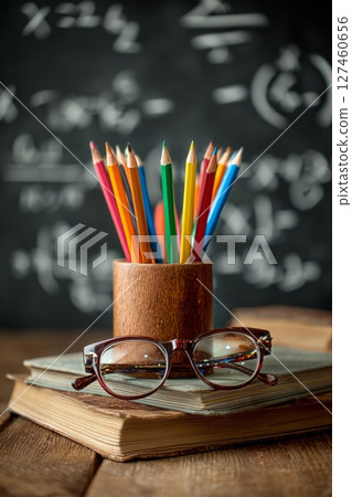 Bright Colored Pencils and Glasses Resting on Books With a Blackboard Background 127460656