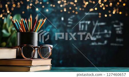 Colorful Pencils in a Holder Beside Books and Glasses on a Desk With a Chalkboard and Lights 127460657