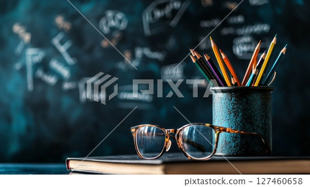 Colorful Pencils in a Holder Beside Books and Glasses on a Desk With a Chalkboard and Lights. 127460658