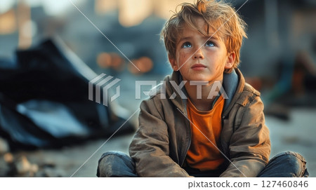 Young Boy Sitting Quietly Outdoors in a Worn Jacket, Gazing Upwards in a Faded Landscape During Golden Hour 127460846