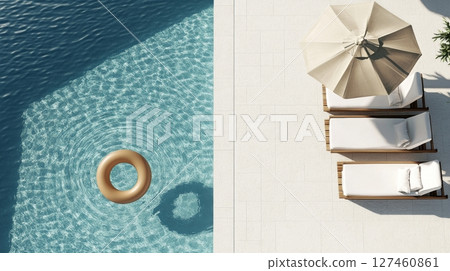 Relaxing Summer Day by the Sparkling Pool With a Floating Ring and Lounge Chair. Relaxing Summer Day by the Sparkling Pool With a Floating Ring and Lounge Chair. 127460861