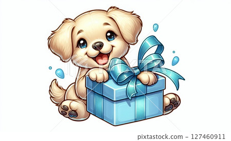 Cute Puppy with a Light Blue Gift Cute Puppy with a Light Blue Gift 127460911