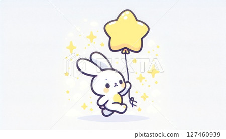 Cute White Bunny Holding a Yellow Star Balloon Cute White Bunny Holding a Yellow Star Balloon 127460939