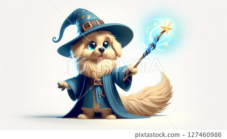 Cute Fluffy Dog Dressed as a Wizard with Magic Wand 127460986