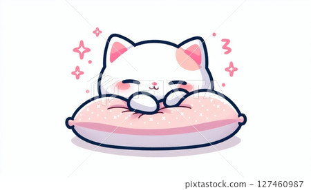 Cute White Kitten Sleeping on Pink Pillow 127460987