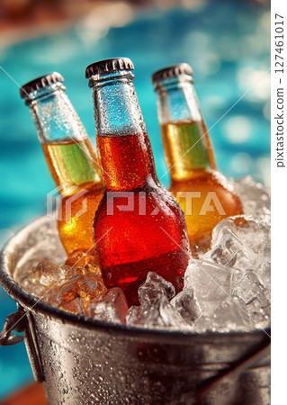 Refreshing Drinks in Ice Bucket at a Sunny Poolside Gathering During Summer Afternoon 127461017
