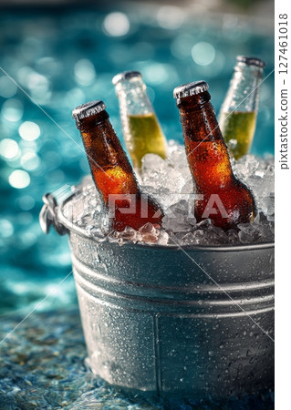 Refreshing Drinks in Ice Bucket at a Sunny Poolside Gathering During Summer Afternoon. 127461018