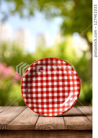 Empty Red and White Checkered Plate on Wooden Table in a Sunny Garden Setting 127461033
