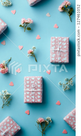 Colorful Heart-Themed Gift Wrapping With Flowers on Blue Background for Celebrations. 127461052