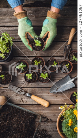 Gardener Preparing Basil Seedlings for Planting in Clay Pots on Wooden Table. Gardener Preparing Basil Seedlings for Planting in Clay Pots on Wooden Table. 127461067