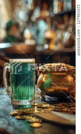 Unique Green Beverage Next to a Pot of Gold Coins at a Festive Gathering in a Cozy Pub 127461072