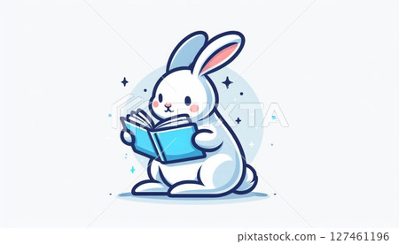 Cute White Rabbit Reading a Blue Book 127461196