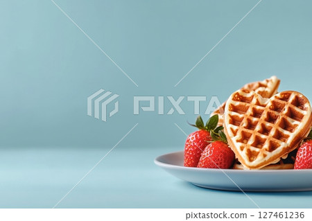 Heart-shaped Waffles With Fresh Strawberries on a Light Blue Plate 127461236