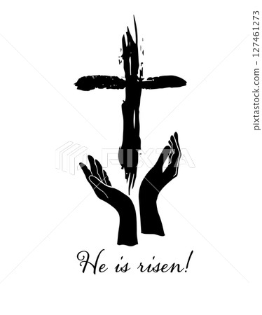 Abstraction of hands in prayer near a cross. He is risen hand drawn. Not AI, Vector 127461273