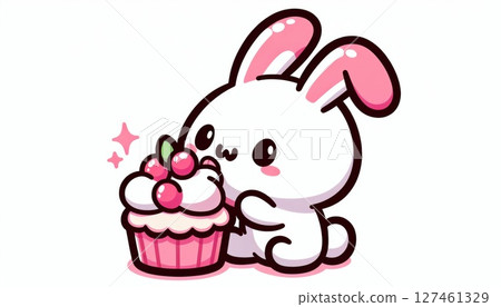 Cute White Bunny Enjoying Pink Cupcake Cute White Bunny Enjoying Pink Cupcake 127461329