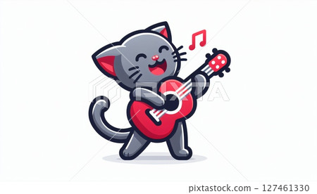 Happy Grey Cat Singing and Playing Red Guitar Pixel Art Illustration Happy Grey Cat Singing and Playing Red Guitar Pixel Art Illustration 127461330