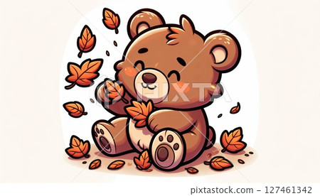 Cute Brown Bear Playing with Autumn Leaves Cute Brown Bear Playing with Autumn Leaves 127461342