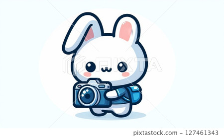 Cute White Bunny Photographer with Backpack 127461343