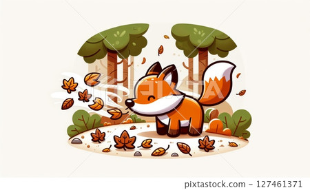 Cute Cartoon Fox Blowing Autumn Leaves in Pixel Art Style Cute Cartoon Fox Blowing Autumn Leaves in Pixel Art Style 127461371