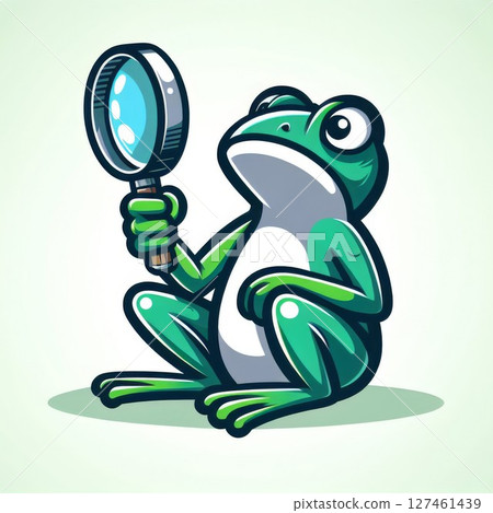 Green Cartoon Frog Holding Magnifying Glass 127461439