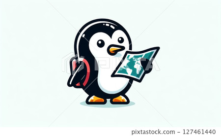 Cute Penguin Traveler with Map and Backpack 127461440
