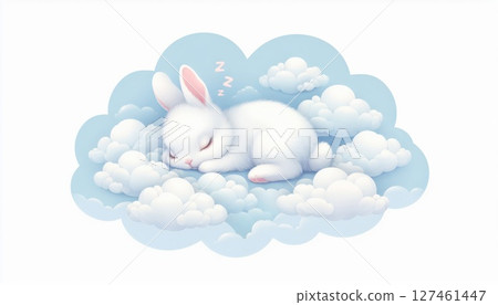White Fluffy Bunny Sleeping on Clouds Peaceful Dreamy Illustration 127461447