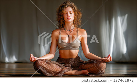 Young woman practicing yoga in serene indoor space with natural light and calm atmosphere 127461972