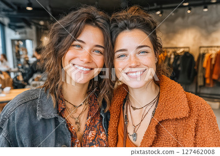 Two smiling women with curly hair in stylish outfits enjoying a moment in a trendy boutique 127462008
