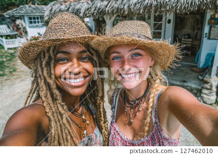 Two smiling women with hats enjoying a sunny day outdoors in a tropical setting 127462010