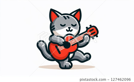 Cute Grey Cat Playing Red Ukulele Cartoon Illustration 127462096