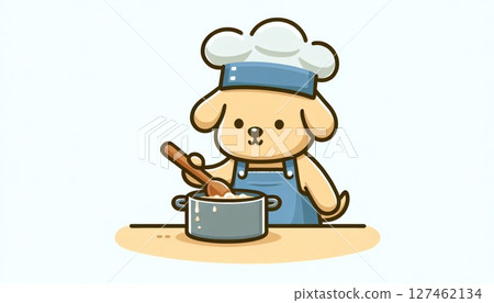 Cute Cartoon Dog Chef Cooking in a Pot 127462134