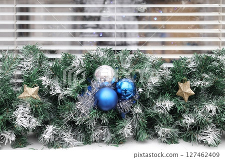 Festive decorations on the street in Chisinau. 127462409