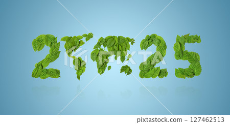 Green leaves in the shape of numbers 2025 and world map on a blue background. World Nature Conservation Day. New Year 2025 save it earth environment and our planet. Earth day 2025 concept and green 127462513