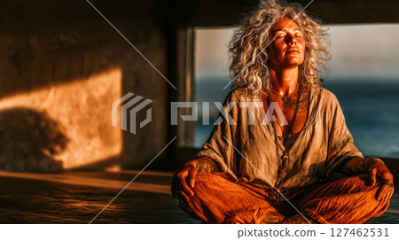 Woman with curly hair meditating in a serene environment with warm sunlight illuminating space 127462531