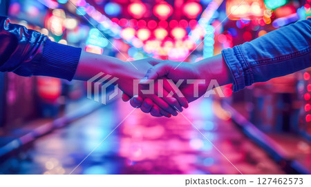 Two hands shaking in vibrant illuminated alley with colorful lights and reflections 127462573