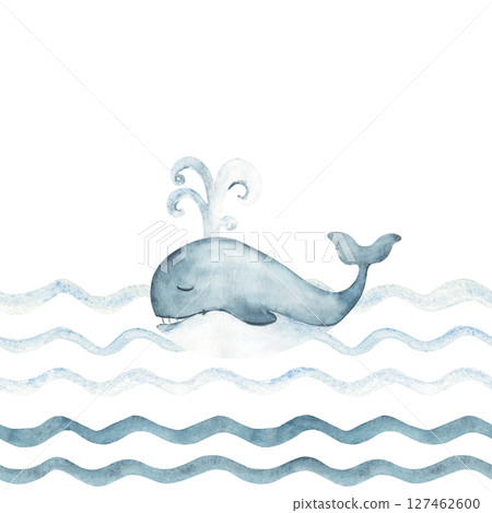 Marine Seamless border with Cute smiling blue Whale with a fountain swimming in Ocean waves. Hand drawn illustration for kids wallpaper or nautical designs. 127462600
