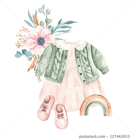 Baby Girl Clothes composition in vintage style. Dress and Cardigan, pink Booties, Rainbow wooden toy and floral bouquet. Watercolor hand painted illustration isolated on a white background. For baby 127462653