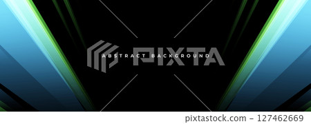 Black modern wide banner with blue and green diagonal shapes. Dark geometric abstract background. 127462669