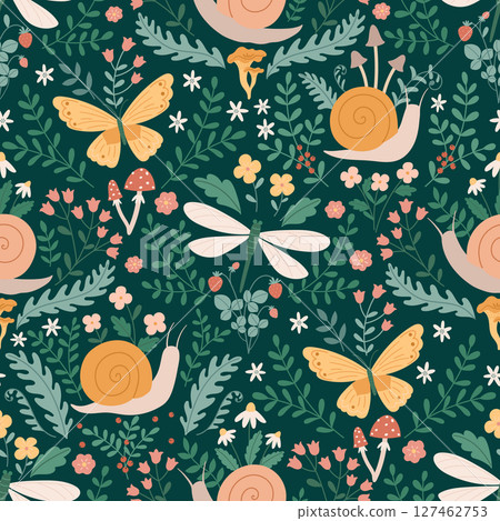 Forest seamless pattern. Butterfly, dragonfly, snails and forest plants. 127462753