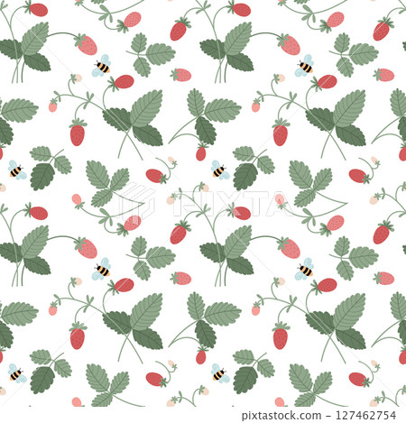 Strawberry seamless pattern. Leaves and berries of wild strawberries in a simple flat style on white background. 127462754