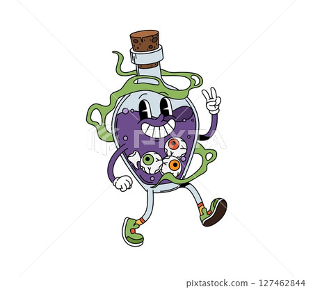 Cartoon groovy Halloween potion bottle character with eerie eyeballs and purple brew, smiling brightly and showing a peace sign gesture, capturing a playful spooky holiday atmosphere with retro vibe Cartoon groovy Halloween potion bottle character with eerie eyeballs and purple brew, smiling brightly and showing a peace sign gesture, capturing a playful spooky holiday atmosphere with retro vibe 127462844