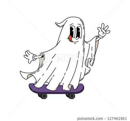 Cartoon groovy Halloween ghost character riding a skateboard, showing a cheerful expression with its tongue out. Isolated vector mischievous and grinning spook or phantom Retro y2k personage 127462861