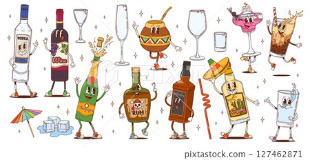 Retro hippie groovy drink and beverage characters with happy bottles and glasses vector personages. Psychedelic groovy vodka, wine, whiskey and rum drinks, funny water, bubble coffee and cocktail Retro hippie groovy drink and beverage characters with happy bottles and glasses vector personages. Psychedelic groovy vodka, wine, whiskey and rum drinks, funny water, bubble coffee and cocktail 127462871