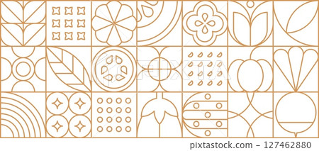 Vegetable food in modern line geometric pattern or mosaic tile, vector background. Vegetables pattern in thin line geometry with tomato, pumpkin and eggplant with zucchini in geometric outline tile 127462880