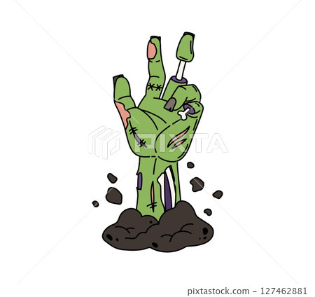 Cartoon groovy zombie hand, Halloween symbol. Isolated vector dead body or corpse palm sticking out of soil, decaying, green and lifeless arm, emerges from the ground, its fingers gnarled and skeletal 127462881